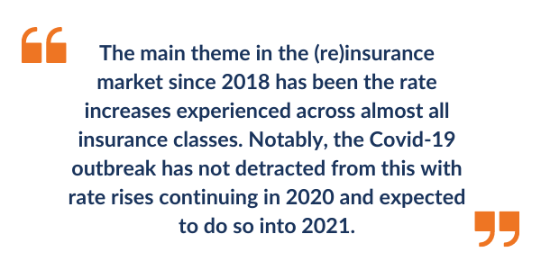 Captive Insurance Isle of Man quote: The main theme in the (re)insurance market since 2018 has been the rate increases experienced across almost all insurance classes. Notably, the Covid-19 outbreak has not detracted from this with rate rises continuing in 2020 and expected to do so into 2021.